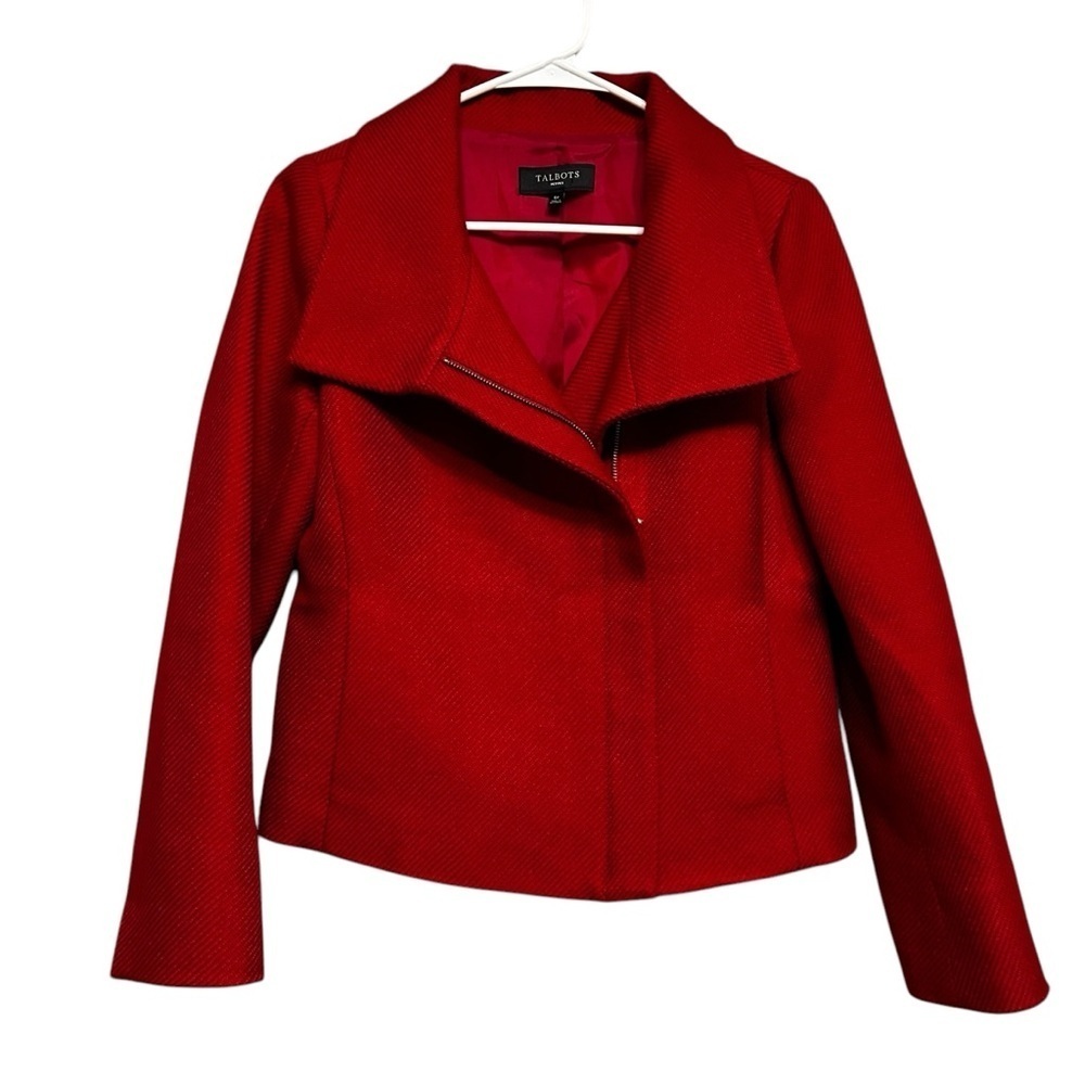 Talbots Red Wool Blend Shawl Collar Textured Winter Jacket Coat Moto Style Sz 6P
